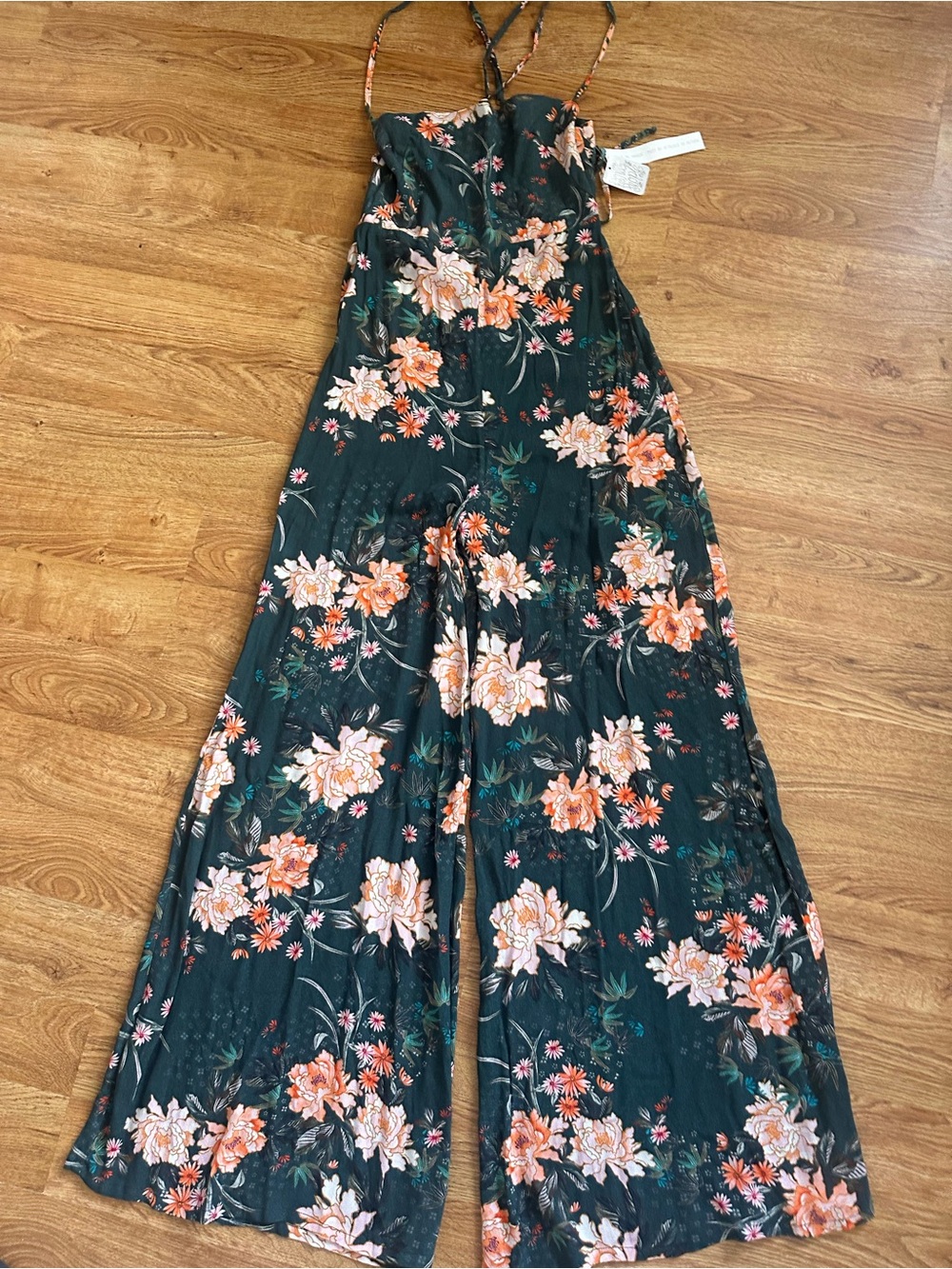 NWT Free People Flynn Skye Green Orange Floral Jumpsuit M Open Back Tie